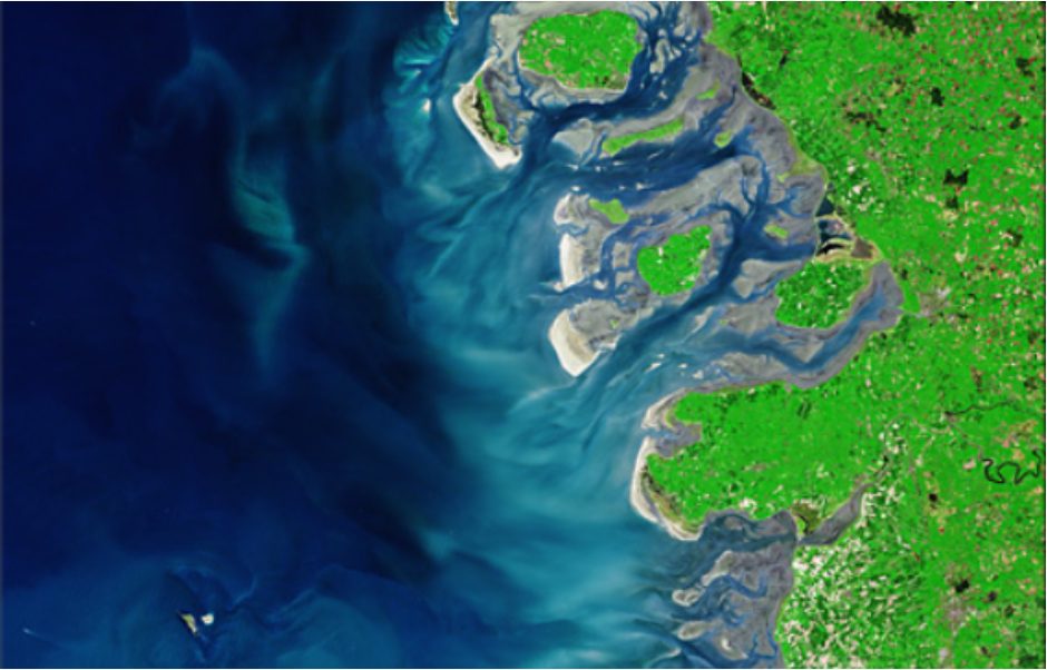 Satellitenbild der nordfriesischen Inseln und des Wattenmeers